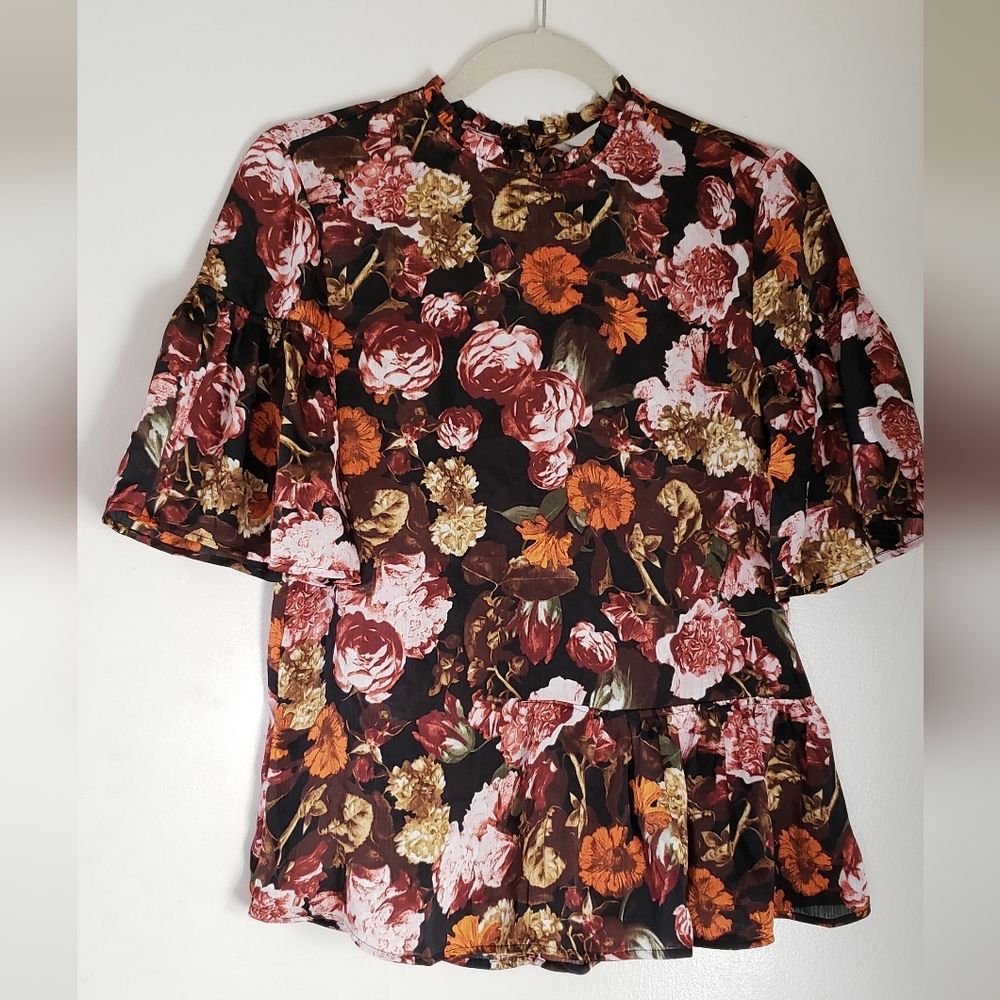 H&M Small sheer boho floral flounce ruffle blouse top, Size 4, NWT